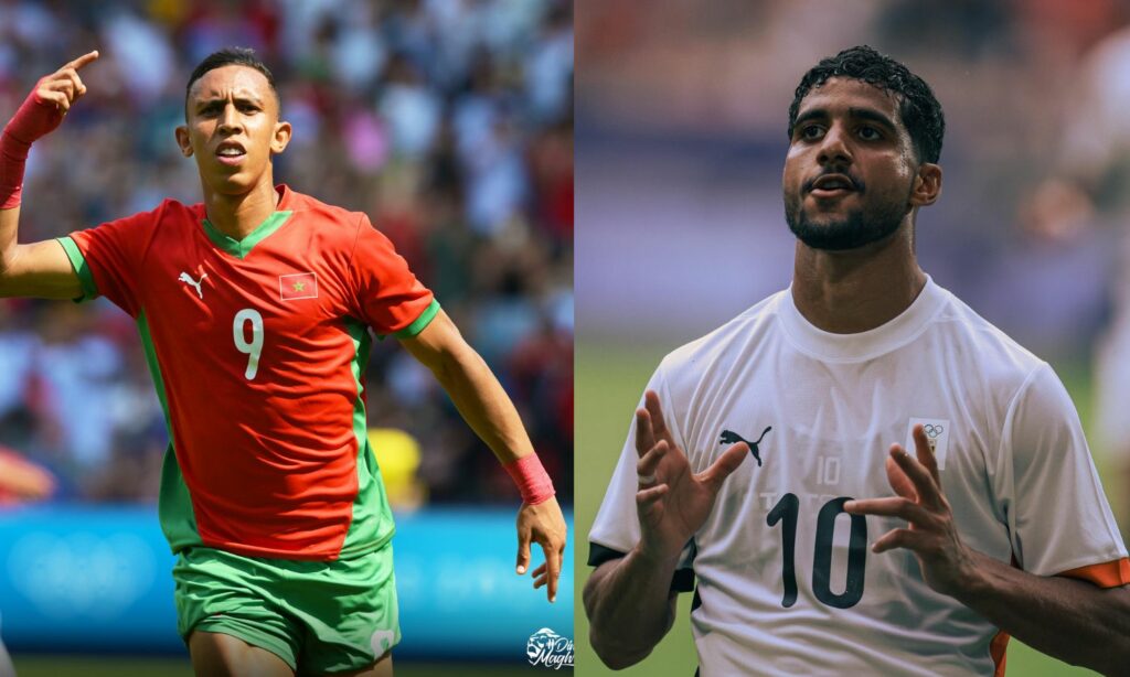 لاعب منتخب مصر الأولمبي إبراهيم عادل ولاعب منتخب المغرب سفيان رحيمي (تعديل عنب بلدي)