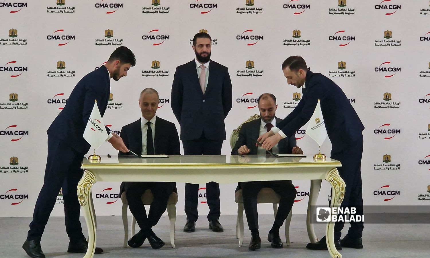 "CMA CGM" توقع عقدًا مه الهيئة العامة للمنافذ البرية والبحرية السورية" في قصر الشعب بدمشق- 1 من أيار 2025 (عنب بلدي/ أنس الخولي)