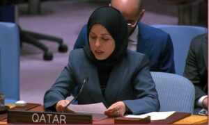 علياء أحمد بن سيف آل ثاني المندوب الدائم لدولة قطر تلقي كلمة خلال اجتماع مجلس الأمن-1 آيار 2025(وكالة قنا القطر)