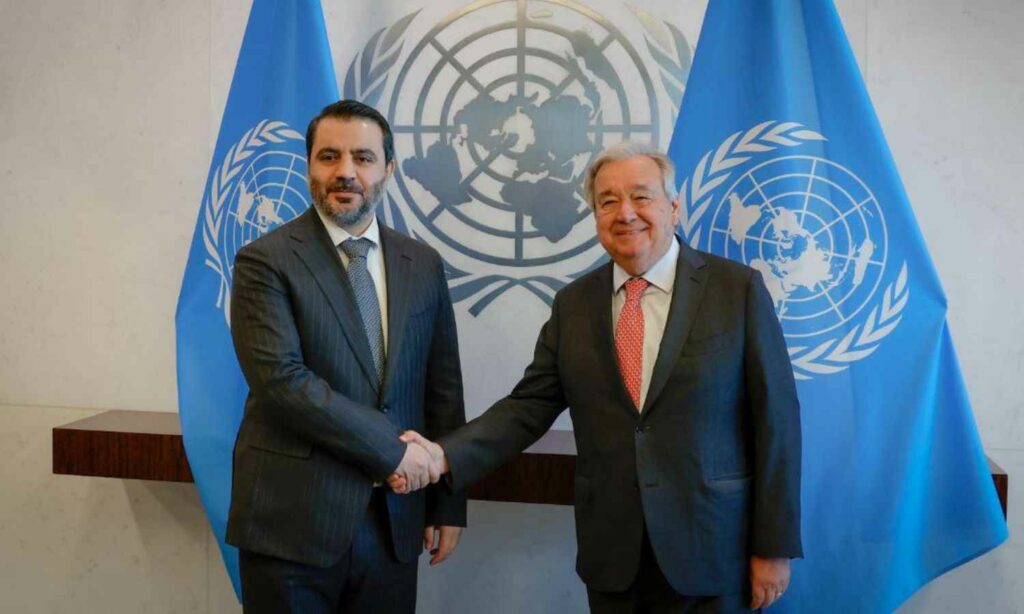 غوتيريش جدد للشيباني  تأكيد دعمه الكامل لرفع العقوبات المفروضة على الشعب السوري 28 من نيسان 2025 (الخارجية السورية)