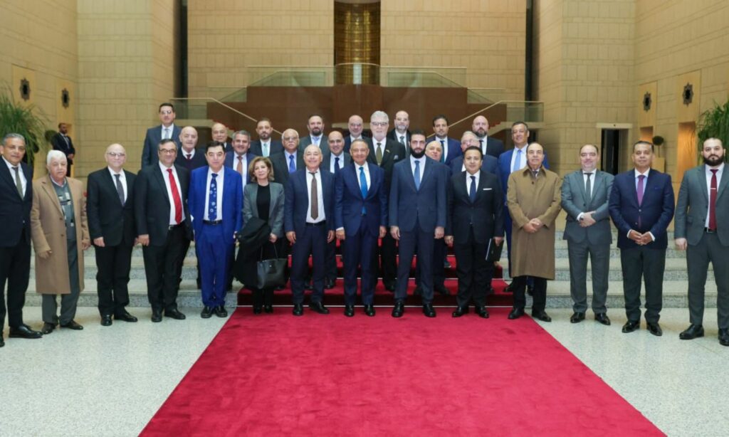 أعضاء من "المنتدى الاقتصادي السوري للتنمية" يلتقون بالرئيس السوري، أحمد الشرع، في دمشق منتصف شباط 2025 (رئاسة الجمهورية)