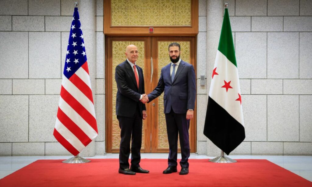 المبعوث الأمريكي إلى سوريا، توماس باراك، يلتقي الرئيس السوري، أحمد الشرع، في أول زيارة له إلى دمشق- 29 من أيار (رئاسة الجمهورية)