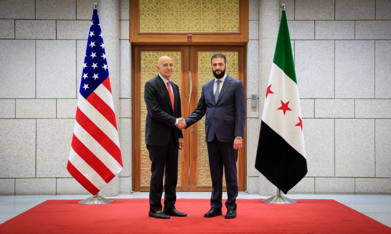 المبعوث الأمريكي إلى سوريا، توماس باراك، يلتقي الرئيس السوري، أحمد الشرع، في أول زيارة له إلى دمشق- 29 من أيار (رئاسة الجمهورية)