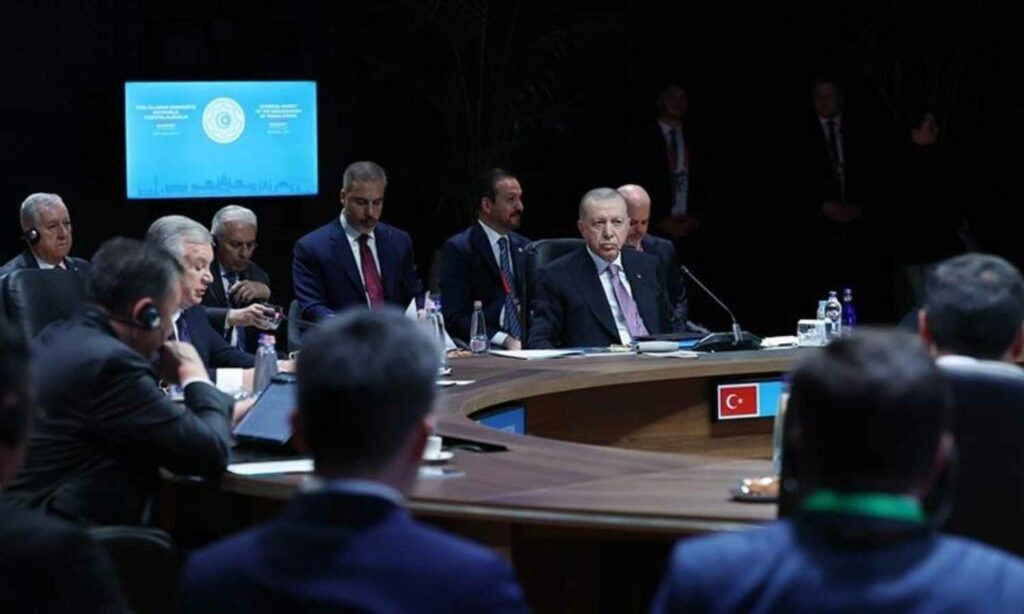 الرئيس التركي رجب طيب أردوغان خلال مشاركته باجتماع منظمة الدول التركية- 21 من أيار 2025 (الأناضول)