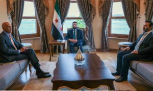 لقاء رئيس الجمهورية العربية السورية أحمد الشرع ووزير الخارجية والمغتربين  أسعد الشيباني المبعوث الخاص للولايات المتحدة الأمريكية إلى سوريا توم باراك- 24 أيار 2025(سانا)