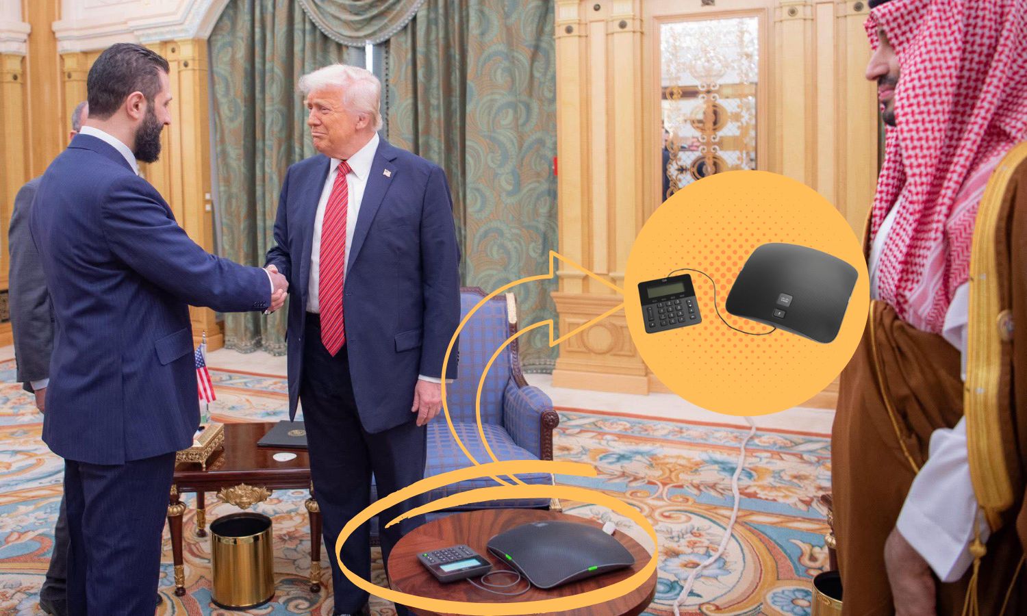 جهاز يتوسط الرئيسين أحمد الشرع ودونالد ترامب أثار تكهنات رواد التواصل الاجتماعي (تعديل عنب بلدي)
