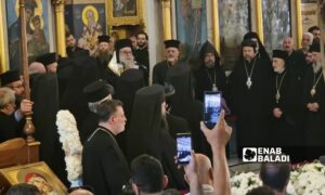 كلمة البطريرك يوحنا العاشر يازجي، خلال تشييع ضحايا كنيسة مار الياس، دمشق-24 حزيران 2025(عنب بلدي/أنس الخولي)
