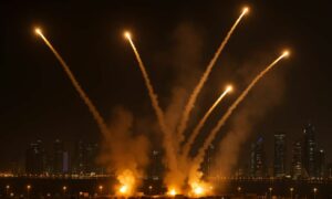 مشاهد من تصدي قاعدة العديد في قطر للصواريخ الإيرانية 23 من حزيران 2025 (فارس العمري /إكس)