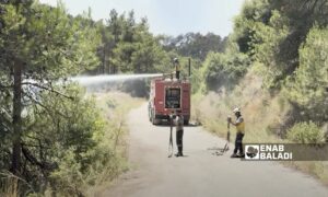 فرق الدفاع المدني السوري تعمل على إطفاء الحرائق في جبل التركمان في ريف اللاذقية - 6 تموز 2025 (عنب بلدي/ ديان جنباز)