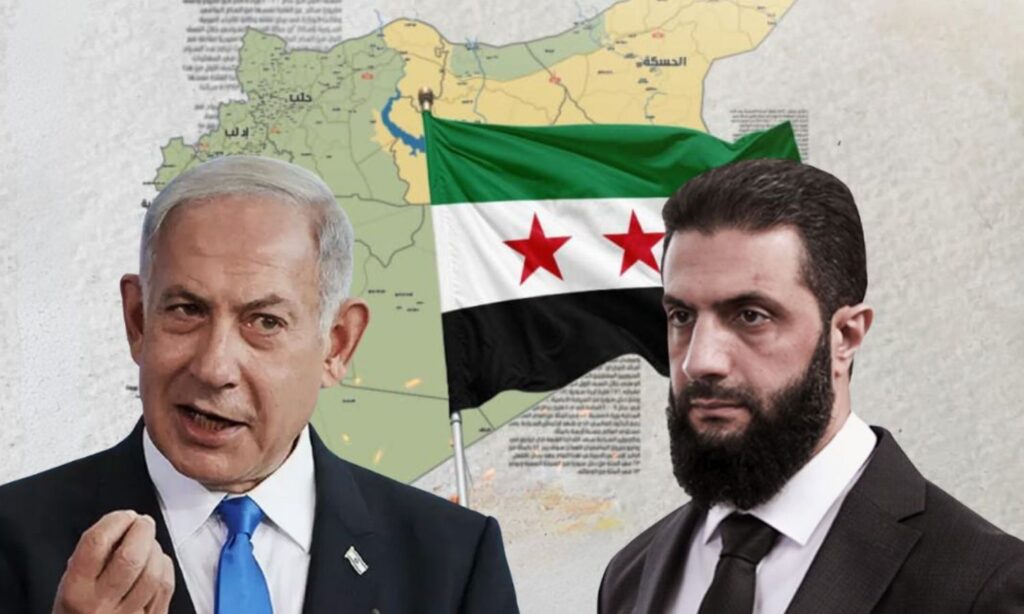 الرئيس السوري في المرحلة الانتقالية أحمد الشرع وإلى يساره رئيس الوزراء الإسرائيلي بنيامين نتنياهو (تعديل عنب بلدي)