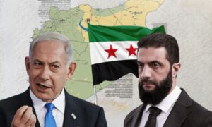 الرئيس السوري في المرحلة الانتقالية أحمد الشرع وإلى يساره رئيس الوزراء الإسرائيلي بنيامين نتنياهو (تعديل عنب بلدي)

