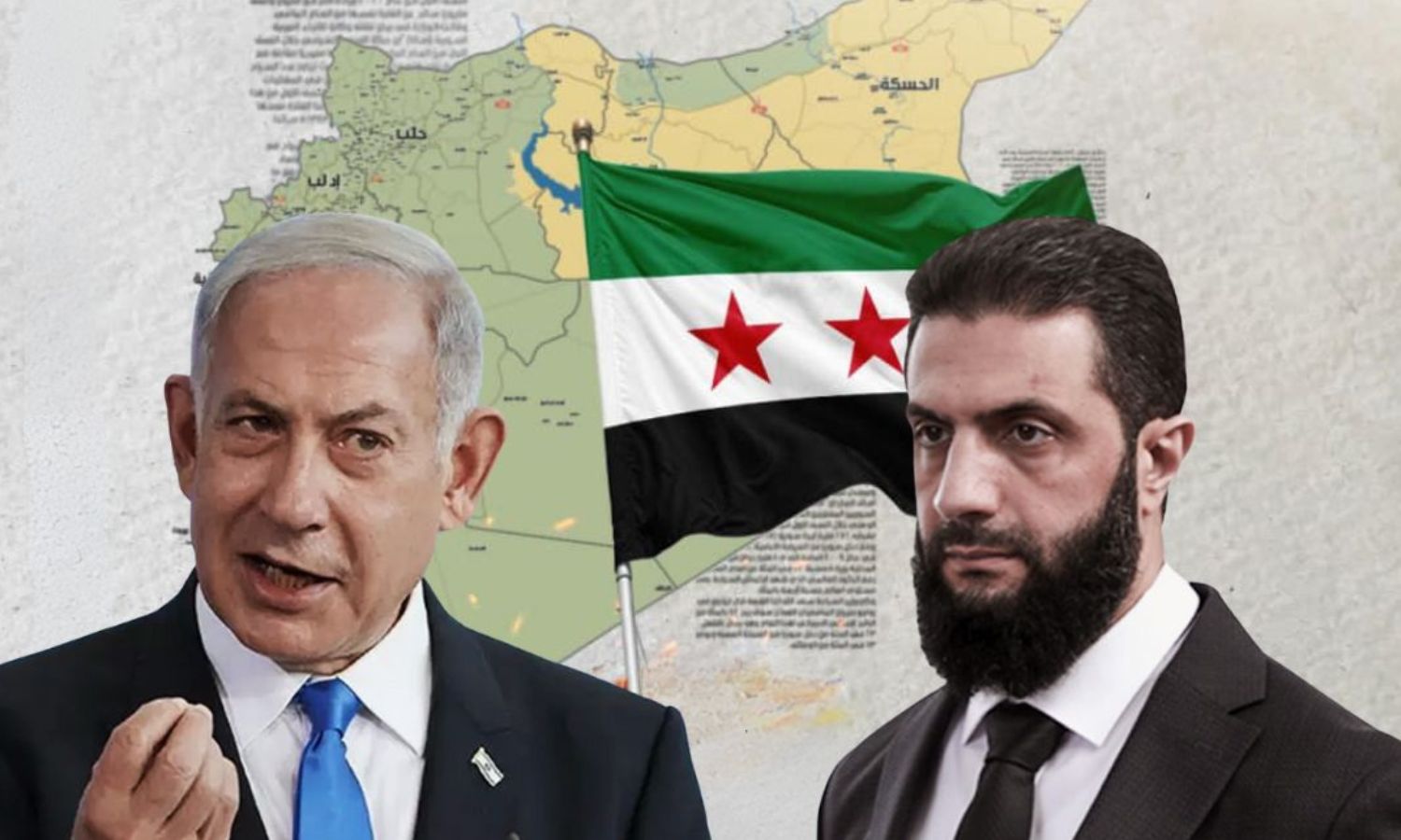 الرئيس السوري في المرحلة الانتقالية أحمد الشرع وإلى يساره رئيس الوزراء الإسرائيلي بنيامين نتنياهو (تعديل عنب بلدي)