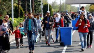 مهاجرون يمرون بصناديق القمامة أثناء سيرهم نحو الحدود النمساوية من هيجيشالوم المجر- 23 أيلول 2015 (رويترز)