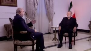 الأمين العام للمجلس الأعلى للأمن القومي الإيراني، علي لاريجاني في مقابلة مع قناة الميادين - 14 آب 2025 (قناة الميادين) 