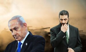 الرئيس السوري في المرحلة الانتقالية أحمد الشرع ورئيس الوزراء الإسرائيلي بنيامين نتنياهون (تعديل عنب بلدي)