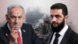 الرئيس السوري في المرحلة الانتقالية أحمد الشرع ورئيس الوزراء الإسرائيلي بنيامين نتنياهو (تعديل عنب بلدي)