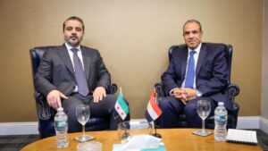 لقاء وزير الخارجية والمغتربين أسعد حسن الشيباني نظيره المصري  بدر عبد العاطي، وذلك على هامش أعمال الجمعية العامة للأمم المتحدة بنيويورك - 27 أيلول 2025 (الخارجية/تلجرام)