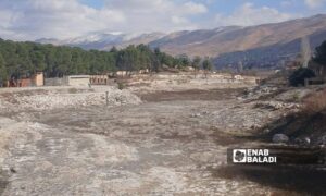 سحب المياه من بحيرة بردى عبر الآبار المحيطة بها يتسبب بجفافها - 6 نيسان 2025 (عنب بلدي/ عمر علاء الدين)

