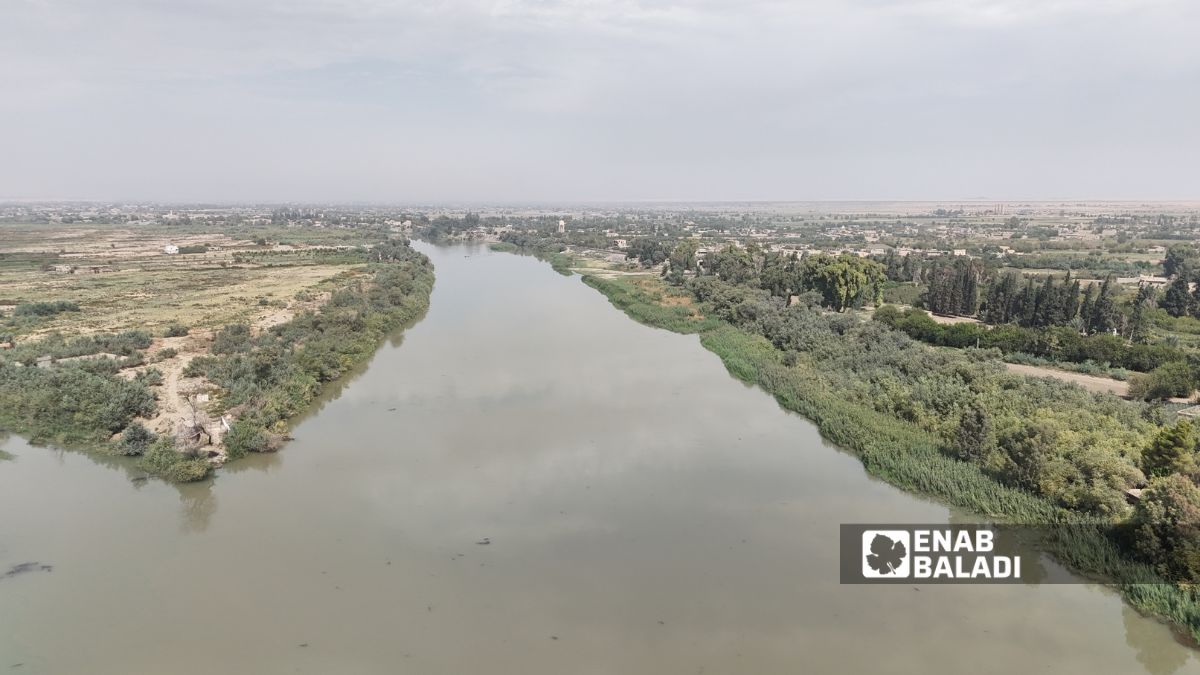 نهر الفرات في صورة جوية للجسر المعلق في دير الزور شرقي سوريا - 6 تشرين الأول 2025 (عنب بلدي/ عبادة الشيخ)