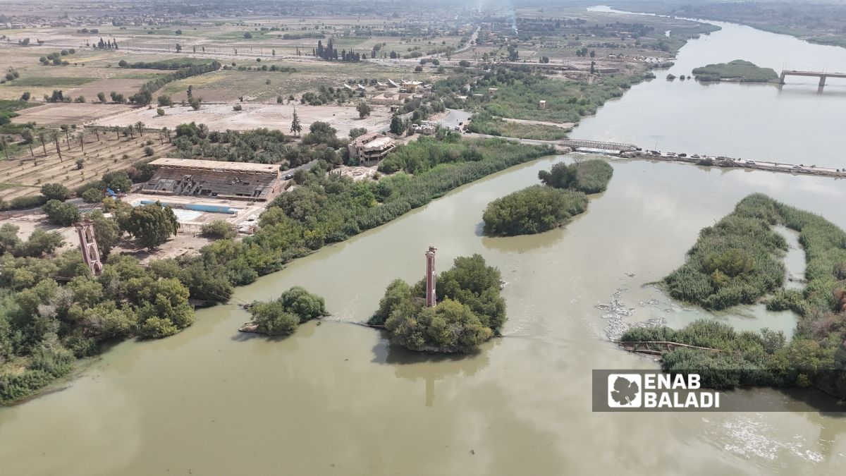 صورة جوية للجسر المعلق في دير الزور شرقي سوريا - 6 تشرين الأول 2025 (عنب بلدي/ عبادة الشيخ)
