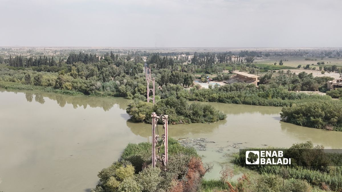صورة جوية للجسر المعلق في دير الزور شرقي سوريا - 6 تشرين الأول 2025 (عنب بلدي/ عبادة الشيخ)