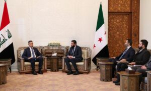لقاء جمع الرئيس السوري أحمد الشرع ووزير الخارجية أسعد الشيباني ورئيس جهاز الاستخبارات حينها (وزير الداخلية حاليًا) أنس خطاب مع رئيس جهاز المخابرات العراقية حميد الشطري - 26 كانون الأول 2024 (رئاسة الجمهورية السورية)  
