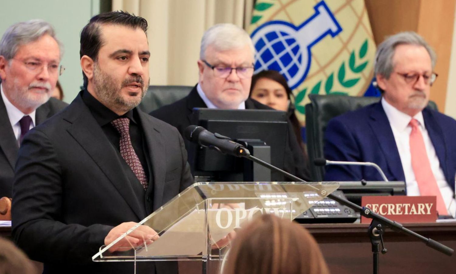 وزير الخارجية السوري أسعد الشيباني يلقي كلمة أمام المجلس التنفيذي لمنظمة حظر الأسلحة الكيماوية - 5 آذار 2025 (منظمة حظر الأسلحة الكيماوية)