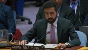 مندوب سوريا الدائم لدى الأمم المتحدة إبراهيم علبي من جلسة مجلس الامن - 24 تشرين الاول 2025 (سانا)