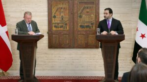مؤتمر صحفي بين وزير الخارجية السوري، أسعد الشيباني ووزير الخارجية الدنماركي لارس لوك راسموسن في قصر تشرين بدمشق - 29 تشرين الثاني 2025 (سانا)