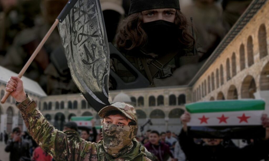 مقاتل أجنبي يرفع راية التوحيد في المسجد الأموي بعد سقوط النظام السوري السابق - 11 كانون الأول AP( 2025 / تعديل عنب بلدي)