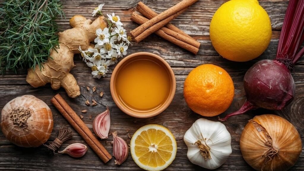 أطعمة وأعشاب طبيعية تقوي مناعة الجسم لمواجهة الإنفلونزا (كانفا)