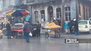 عربتان لبيع الفواكه في الشارع الرئيس بحي الجميلية وسط مدينة حلب - 3 شباط 2026 (عنب بلدي)
