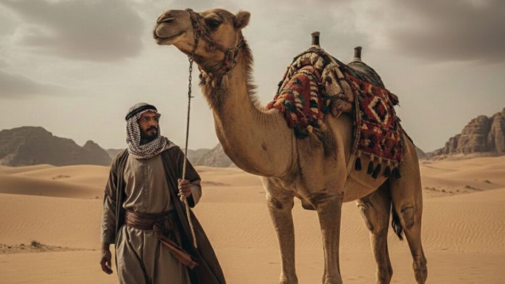 قصة من الموروث الشعبي عن رحلة لمسافر مع ناقته تعبّر عن التدرج المناخي من قسوة الشتاء إلى الاعتدال (عنب بلدي/مولّدة بالذكاء الاصطناعي)