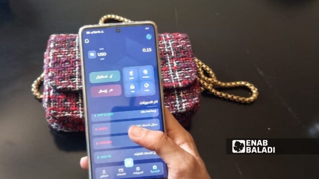 مستخدمة تتصفح تطبيق "شام كاش" ـ 8 آذار 2026 (عنب بلدي)