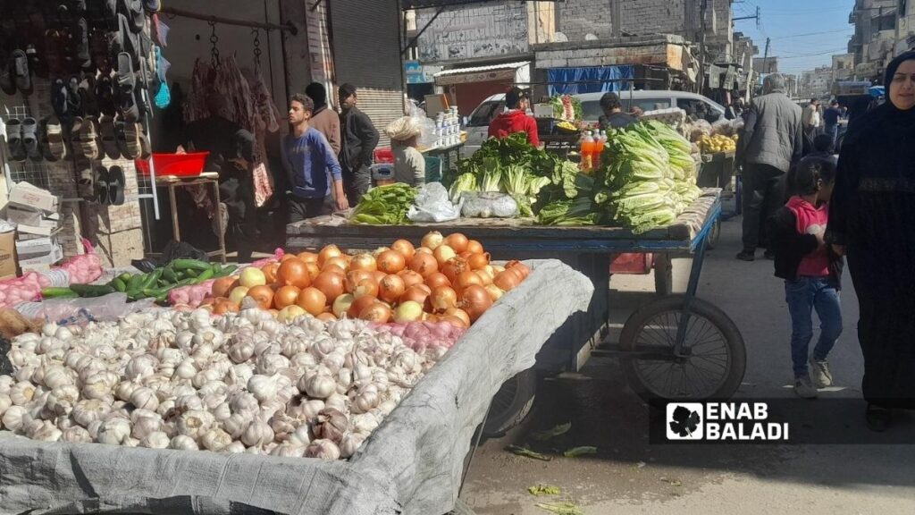 بسطة خضار في شارع القوتلي بمدينة الرقة - 4 أذار 2026 (عنب بلدي/ أحمد الحمدي )