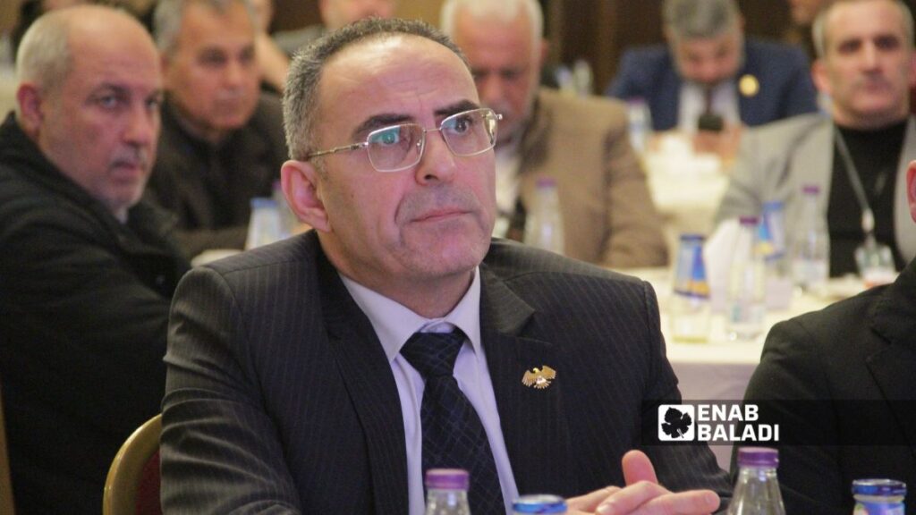 وزير الزراعة السوري أمجد بدر خلال مؤتمر القطن في حلب - 26 آذار 2026 (عنب بلدي)