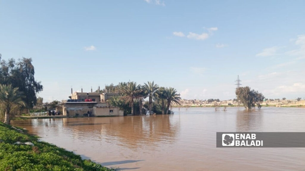 مياه نهر الخابور تغمر أراضي زراعية في محيط مدينة الحسكة - 24 آذار 2026 (عنب بلدي)