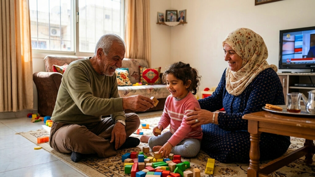 رعاية الأجداد للأحفاد من أقوى عوامل الدعم النفسي والاجتماعي للطفل لكنها قد تصبح مصدرًا للإرباك إذا غاب التنسيق بين الكبار (عنب بلدي/مولّدة بالذكاء الاصطناعي)