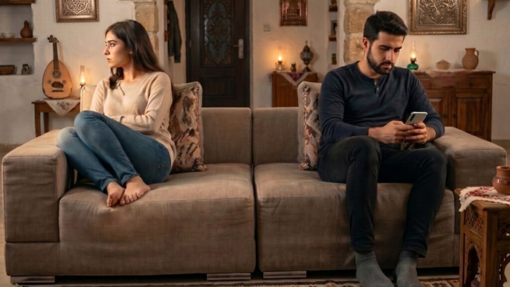 يخلق الخرس الزوجي مشكلات نفسية لدى الزوجين والأبناء ما يستدعي تدخلًا اختصاصيًا في حال الفشل بتجاوزه (عنب بلدي/مولّدة بالذكاء الاصطناعي)