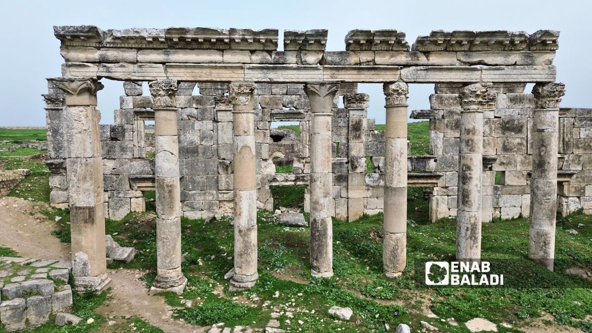 تعد المدينة مثالًا بارزًا على العمارة الرومانية في سوريا من خلال الأعمدة والتيجان والزخارف الحجرية المنتشرة فيها - 28 نيسان 2026 (عنب بلدي/ إياد عبد الجواد)