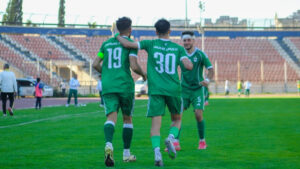 لاعبو نادي الحرية يحتفلون بتسجيل هدف في شباك نادي الكرامة - 28 نيسان 2026 (نادي الحرية)