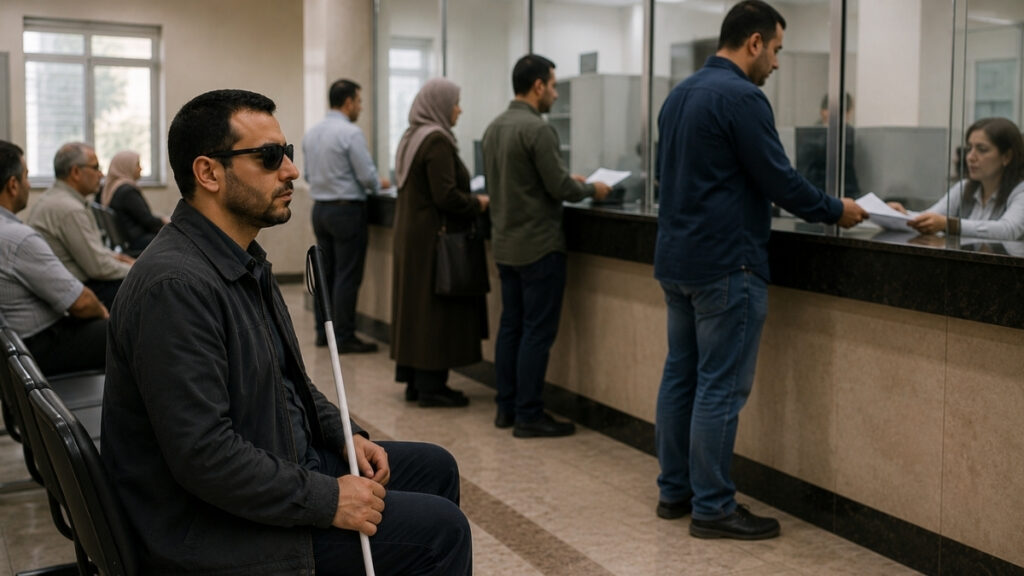 يشكو مكفوفون في سوريا من عدم تجديد عقودهم الحكومية رغم تعيينهم وفق النسبة القانونية المخصصة للأشخاص ذوي الإعاقة (عنب بلدي/مولّدة بالذكاء الاصطناعي)
