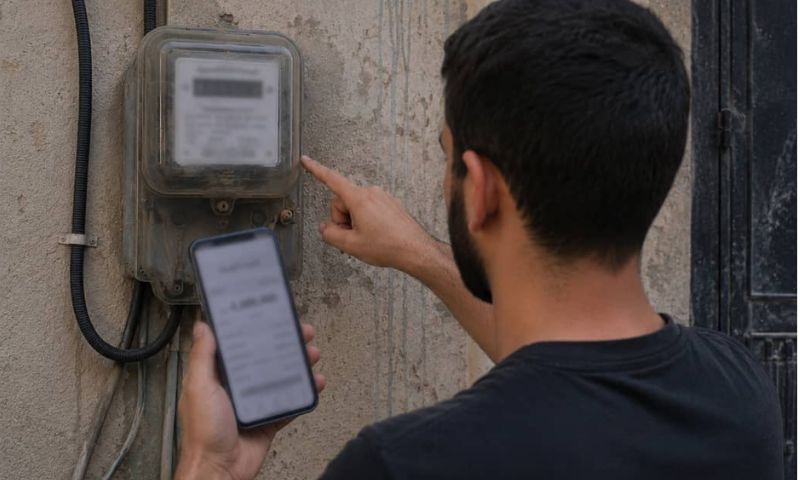 صورة مولدة بالذكاء الاصطناعي تظهر مواطنًا يقارن بين صرف العداد الكهربائي ورقم فاتورة الكهرباء (تعديل عنب بلدي)