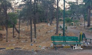 قمامة منتشرة على طول حديقة المارتيني بمدينة حلب- 17 آب 2026 (عنب بلدي)