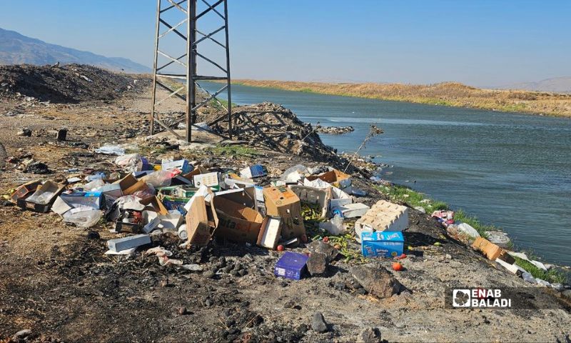 انتشار القمامة والنفايات على ضفاف نهر العاصي بريف حماة في سهل الغاب - 13 آب 2026 (عنب بلدي/ إياد عبد الجواد)