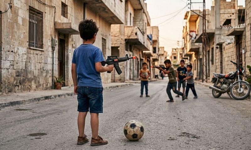 أثرت أحداث تموز 2025 في محافظة السويداء على ألعاب الأطفال الذين باتوا يميلون إلى الألعاب العنفية (عنب بلدي/مولّدة بالذكاء الاصطناعي)