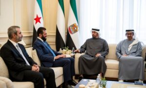 الرئيس السوري أحمد الشرع يلتقي رئيس دولة الإمارات العربية المتحدة الشيخ محمد بن زايد آل نهيان في العاصمة الإماراتية أبو ظبي - 15 أيلول 2026 (الرئاسة السورية/تلجرام)
