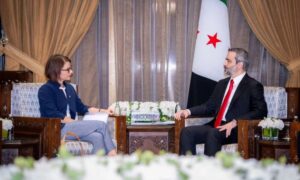 وزير الخارجية السوري أسعد الشيباني يلتقي المديرة العامة لمنظمة حظر الأسلحة الكيميائية سابرينا دالافيور في دمشق - 13 تشرين الأول 2026 (وزارة الخارجية السورية)