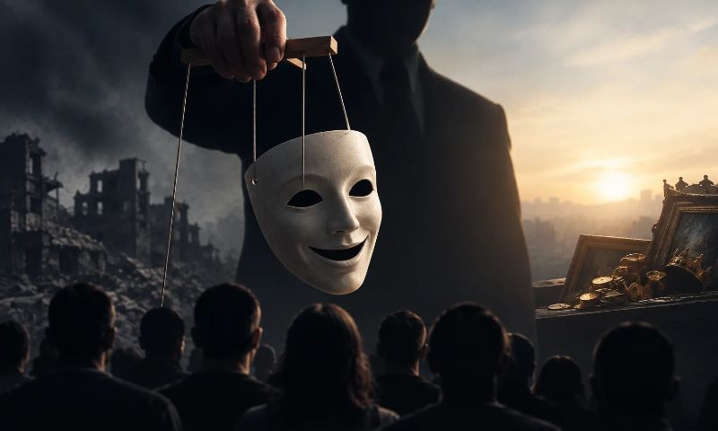 يحوّل الاستبداد الأيديولوجي الكذب والفساد إلى أدوات للسيطرة على المجتمع وتكريس الحكم (عنب بلدي/مولّدة بالذكاء الاصطناعي)