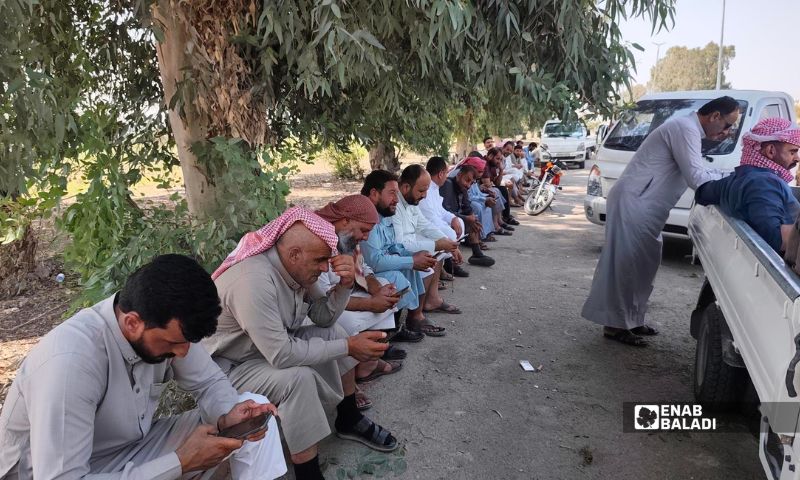مزارعون يجلسون أمام مبنى محافظة الرقة احتجاجًا على تأخر صرف فواتير القمح - 12 آب 2026 (عنب بلدي/ أحمد الحمدي)